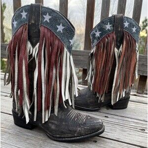Roper Women's 7 American Beauty Western Fringe Leather Cowboy Boots Patriotic